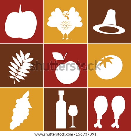 nine white silhouettes for thanksgiving day in yellow red brown background