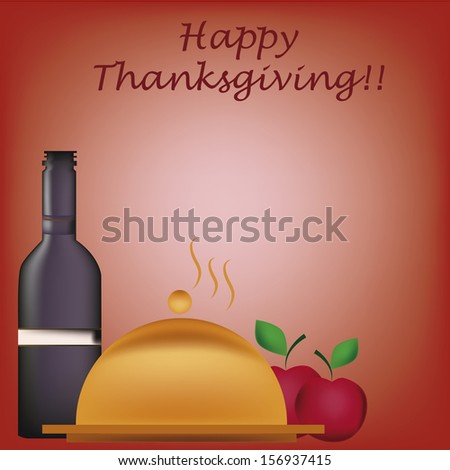 a bottle of wine with a golden dish and some apples in thanksgiving day