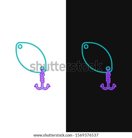 Green and purple line Fishing spoon icon isolated on white and black background. Fishing baits in shape of fish. Fishing tackle.  Vector Illustration