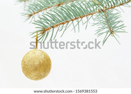 Merry christmas and a happy new year! The atmosphere of the winter holidays. Green spruce branch with decorations on a light background and free space for an inscription.