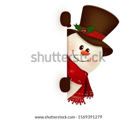 Happy smiling snowman standing behind a blank sign showing on big blank sign. vector illustration.