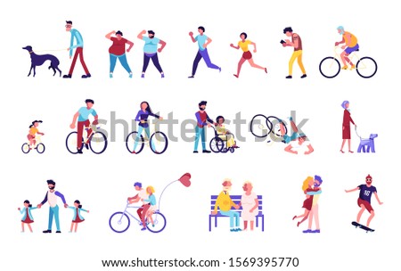 Bundle of  People walking with pets and children, playing, doing sport, riding a bike. Crowd isolated on white background. Flat Art Vector illustration