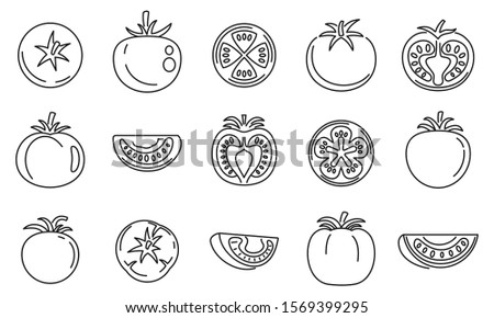 Tomato food icons set. Outline set of tomato food vector icons for web design isolated on white background Royalty-Free Stock Photo #1569399295