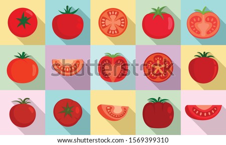 Tomato icons set. Flat set of tomato vector icons for web design Royalty-Free Stock Photo #1569399310