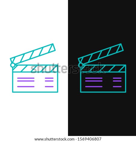 Green and purple line Movie clapper icon isolated on white and black background. Film clapper board. Clapperboard sign. Cinema production or media industry concept.  Vector Illustration