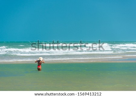 Woman in Bikini Bathing in the Ocean Turquoise Water on a Sunny Day with a Blue Sky in Morro Branco Beach, Ceará State, Northeast of Brazil
