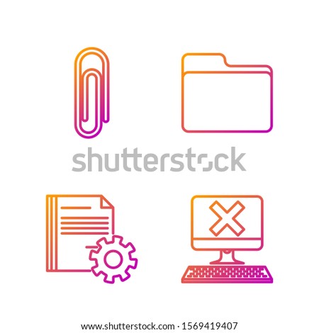 Set line Computer with keyboard and x mark, Document settings with gears, Paper clip and Document folder. Gradient color icons. Vector