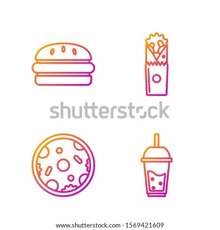 Set line Glass of lemonade with drinking straw, Pizza, Burger and Doner kebab. Gradient color icons. Vector