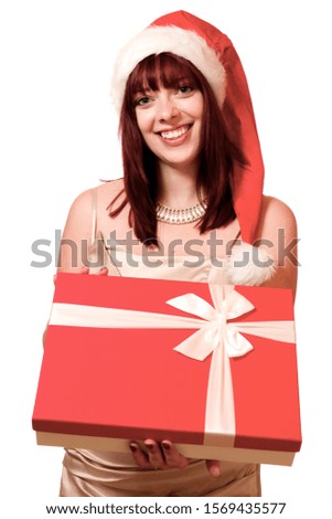 Woman with a Christmas hat holding a present