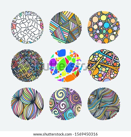 Set of colorful grunge halftone drawing textures. Random doodle circles. Vector illustration