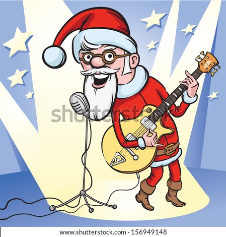 Vector illustration of rock n roll Santa singing. Easy-edit layered vector EPS10 file scalable to any size without quality loss. High resolution raster JPG file is included.