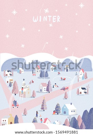 Vector illustration of a Christmas winter landscape postcard.Retro pastel pink color tone.Wonderland colorful village with hut ,snowman and deer.People happy with noise and grainy. Royalty-Free Stock Photo #1569491881