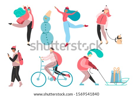 People doing winter activities. Set of male and female characters outdoor in winter clothes. Cute vector illustration in scandinavian hand drawn flat style