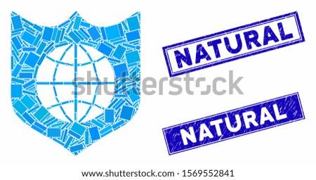 Mosaic global shield icon and rectangle seal stamps. Flat vector global shield mosaic icon of scattered rotated rectangle items. Blue caption seal stamps with grunged texture.