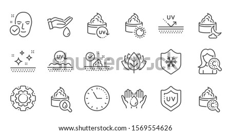 Skin care line icons. Collagen, Cream, Serum oil and Skincare. Face sun lotion gel, Uv protection, vitamin E icons. Face skin care cream protection. Linear set. Quality line set. Vector Royalty-Free Stock Photo #1569554626