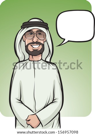 Vector illustration of standing smiling arab man in traditional clothes. Easy-edit layered vector EPS10 file scalable to any size without quality loss. High resolution raster JPG file is included.