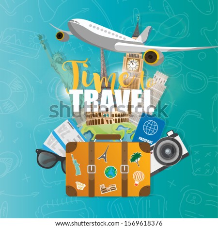 Time to travel. Vector Banner for travel. Sights of the world, a suitcase for travel. Vector Stock banner for travel advertising.