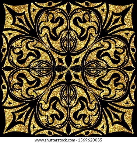 Glitter artistic tile  mandala seamless pattern sparkling object isolated on black background