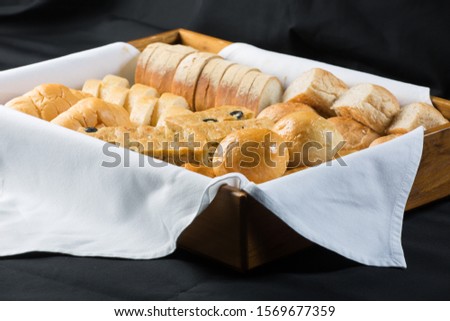 A lot of Homemade breads or bun, croissant and bakery ingredients,breakfast food concept top view and copy space