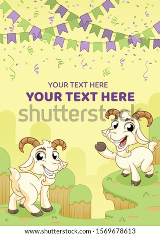 Happy Goats with Party Flags and Confetti Decorations, Greeting Cards, Eid al-Adha, Aqiqah, Cartoon Vector Illustration Flyer Template.