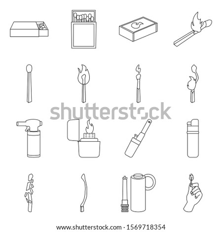 Burning matchstick and matchbox vector line icon. Set icon of lighter electronic and igniter with flame. Vector set illustration of match burnt,matchbox.