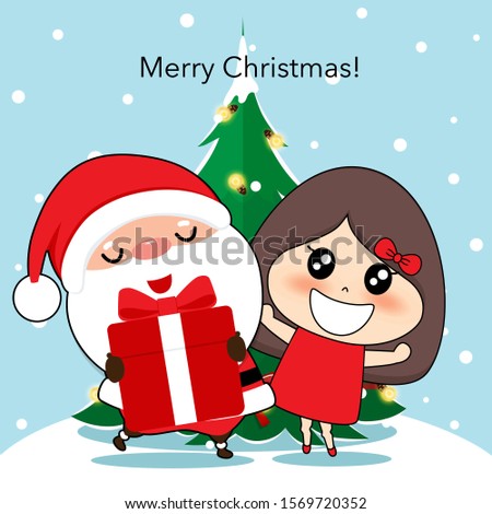 Santa Claus and cute character girl with santa costume. Christmas background. Christmas Greeting Card. Vector illustration.