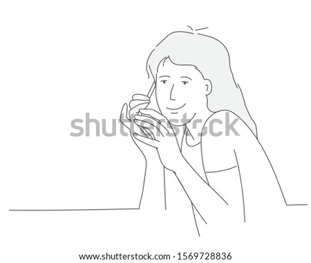 Sketch of woman with mobile phone. Line drawing vector illustration.