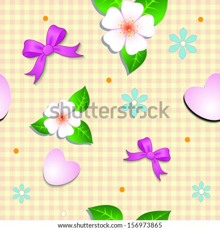 Seamless pattern of hearts bows and flowers on bed plaid background
