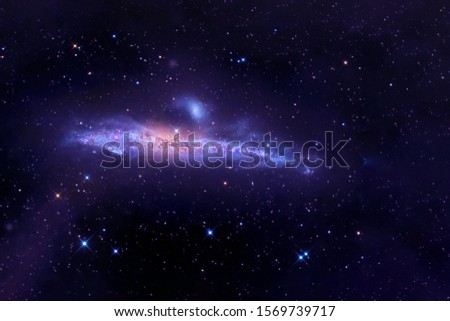 A distant stretched galaxy, with stars and nebulae. Elements of this image furnished by NASA