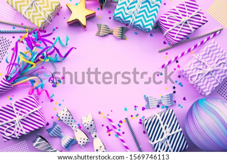 New year celebration,anniversary party backgrounds concepts ideas with colorful element,gift box present.Top view design template and copy space