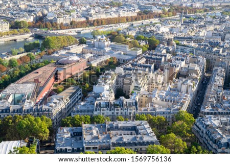France, Paris architecture of old historic buildings on sunny summer day view from Eiffel tower observation deck