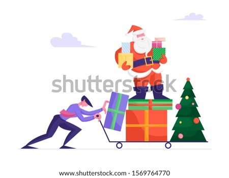 Businessman in Formal Wear Pushing Manual Trolley with Santa Claus Character Standing on Pile of Presents Holding Gift Boxes in Hands near Decorated Christmas Tree. Cartoon Flat Vector Illustration