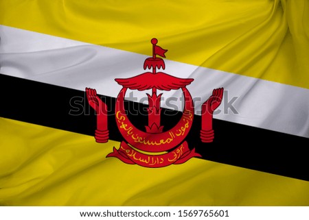colored national flag of modern state of Brunei on a beautiful silk fabric draped in flowing folds, concept of tourism, emigration, economy and politics, close up