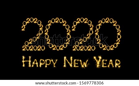 Happy New Year 2020 text handmade. Creative collage of sparkling letters and numbers. Beautiful Shiny Golden text Happy New Year 2020 isolated on black background for design. Mixed media