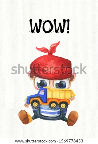 A cute and little boy who looks like a pirate. He keeps a toy truck. Watercolor hand drawn illustration.