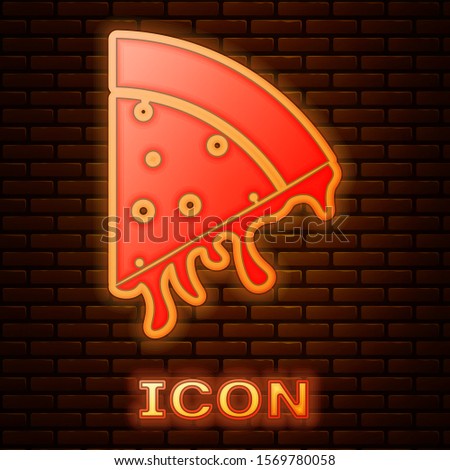 Glowing neon Slice of pizza icon isolated on brick wall background.  Vector Illustration