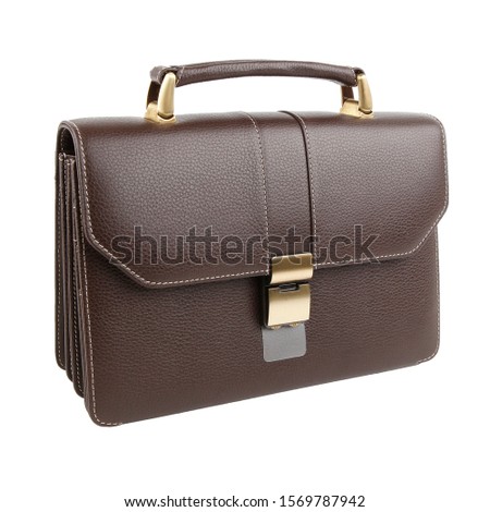 New fashion male business bag or briefcase in brown leather. Without shadows. Isolated on white background Royalty-Free Stock Photo #1569787942