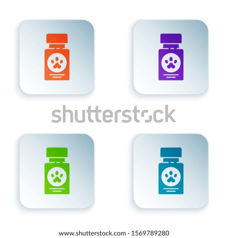 Color Dog medicine bottle and pills icon isolated on white background. Container with pills. Prescription medicine for animal. Set icons in square buttons. Vector Illustration
