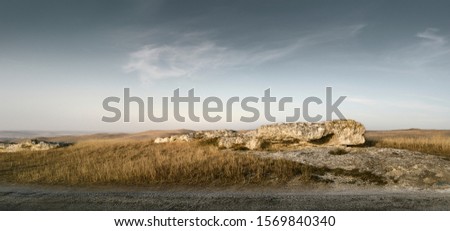 Panorama of a autumn field. Open space under dramatic sky. Steppe pasture. Background for landing pages