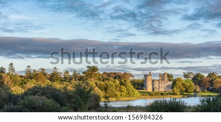 photo epic scenic world famous 5 star dromoland castle hotel and golf club in county clare, newmarket on fergus, ireland. global world hotel golf. panoramic. beautiful lake  forest walk wedding venue
