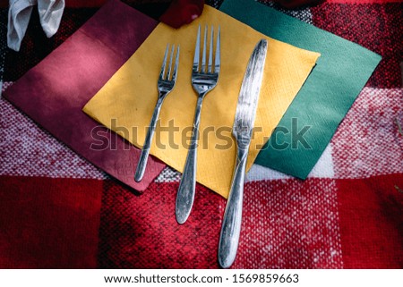 Forks and knife on napkins. Serving at a picnic.