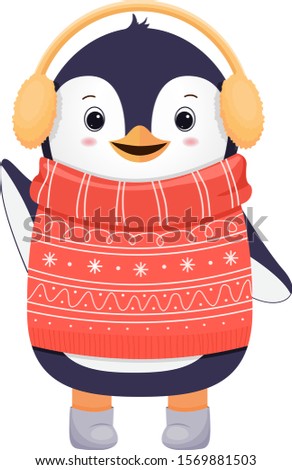 Cute winter penguin in red sweater. Christmas character. . Cartoon illustration.