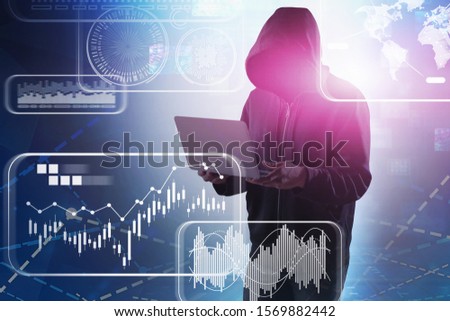 Unrecognizable hacker stealing data with laptop standing over blue background with double exposure of blurry infographics interface. Concept of phishing and digital security. Toned image