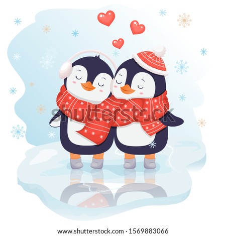 Two cute penguins in love on ice. Christmas characters. penguins in scarves on ice.