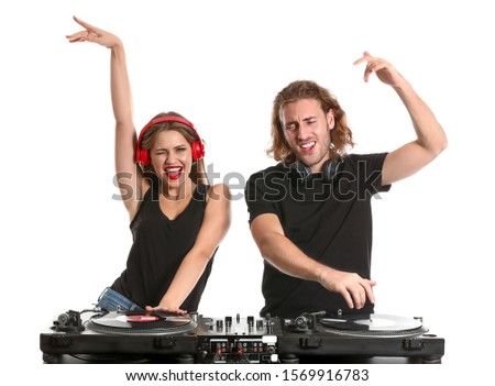 Young djs playing music on white background