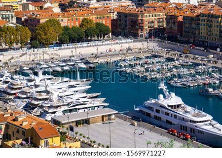 NICE, FRANCE - OCTOBER 6, 2019: View at Port Lympia in Nice, France. Buit at 1748, it is one of the oldest port facilities on the French Riviera.