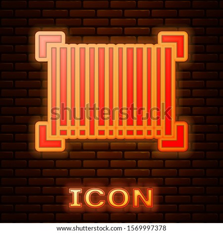Glowing neon Barcode icon isolated on brick wall background.  Vector Illustration