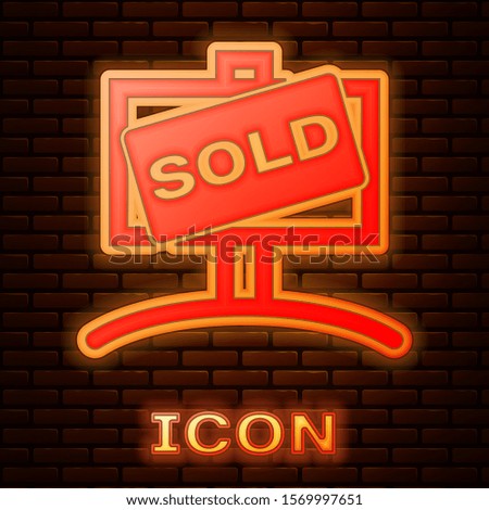 Glowing neon Hanging sign with text Sold icon isolated on brick wall background. Sold sticker. Sold signboard.  Vector Illustration