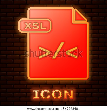 Glowing neon XSL file document. Download xsl button icon isolated on brick wall background. Excel file symbol.  Vector Illustration