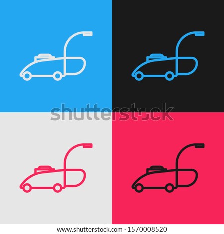 Color line Lawn mower icon isolated on color background. Lawn mower cutting grass. Vintage style drawing. Vector Illustration